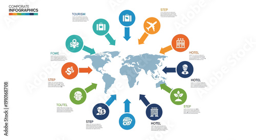 Illustration of global tourism resilience day with icons around a world map, symbolizing travel and comeback concepts in a colorful, vector graphic.