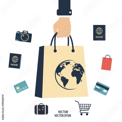 Hand holding global shopping bag with travel and commerce icons