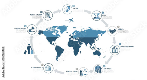 Illustration of a globe with various travel-related icons and symbols around it, representing Global Tourism Resilience Day and the concept of tourism comeback with a blue and white color