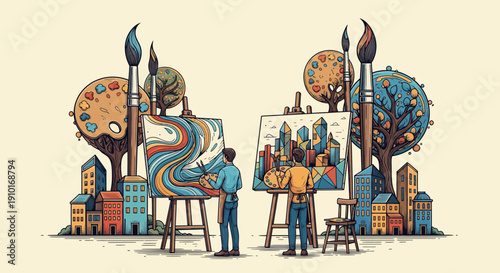 Creative artist painting nature and city landscapes.