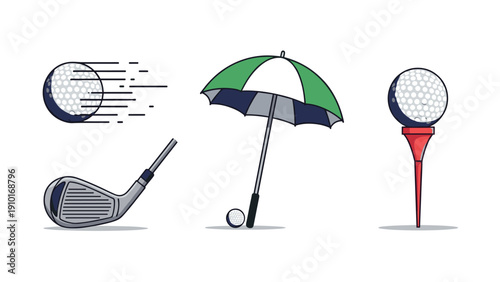 Collection of golf equipment including a club, ball on a red tee, umbrella, and a ball in motion with speed lines.