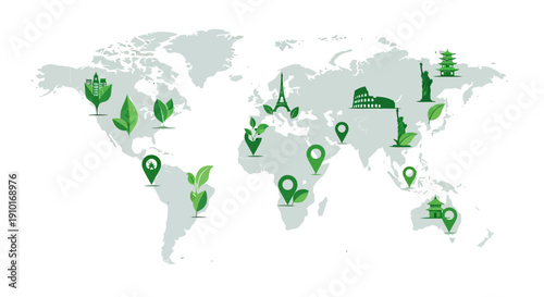 Illustration of a green world map with various icons representing tourism and resilience on a white background, symbolizing global tourism comeback.