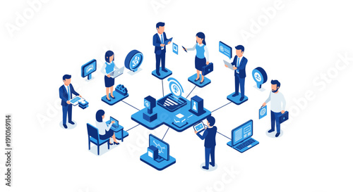 Isometric Business Team Collaborating Around Technology Network.