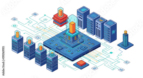 Isometric Digital Data Center Server Network Illustration.