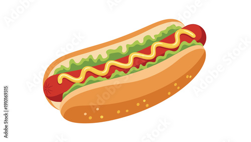 Mouthwatering classic hot dog served in a toasted bun with fresh green lettuce and a swirl of yellow mustard sauce.