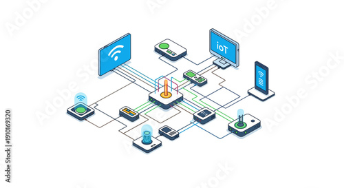Isometric Illustration of Wireless Network Connectivity Devices.