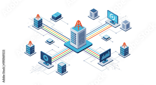 Isometric Network Server and Data Connections Illustration.
