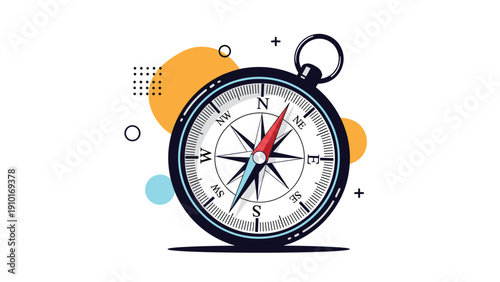 Detailed navigational compass with cardinal directions set against a backdrop of colorful abstract shapes and patterns.