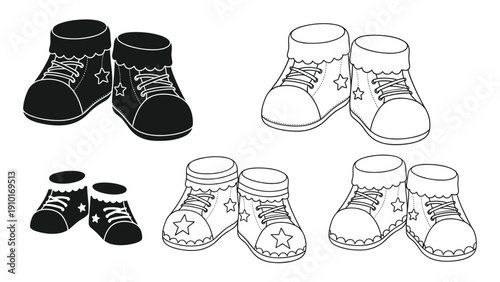 Collection of cute baby booties with star patterns presented in various styles including solid black and line art versions.