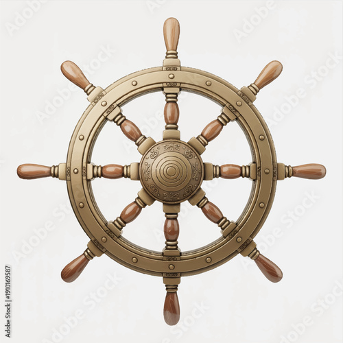 Antique nautical ship wheel illustration, engraved vintage style, warm brown and sandstone tones, detailed wood grain texture, symmetrical maritime helm with carved handles