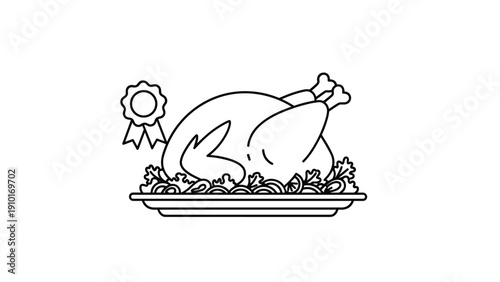 Outline illustration of a perfectly roasted turkey on a platter garnished with herbs and awarded a first prize medal.