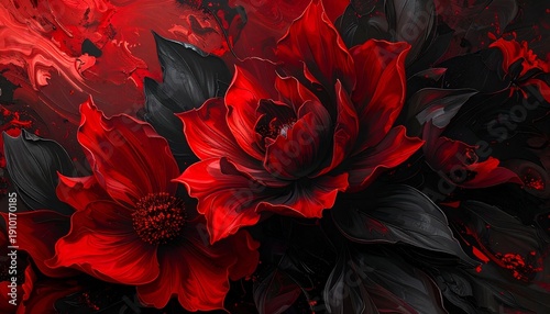 Vibrant red flowers bloom against dark, dramatic backdrop