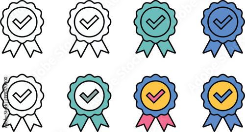Collection of Eight Award Ribbons with Checkmarks in Various Colors and Styles Keywords: award, ribbon, badge, medal, checkmark, tick, approved