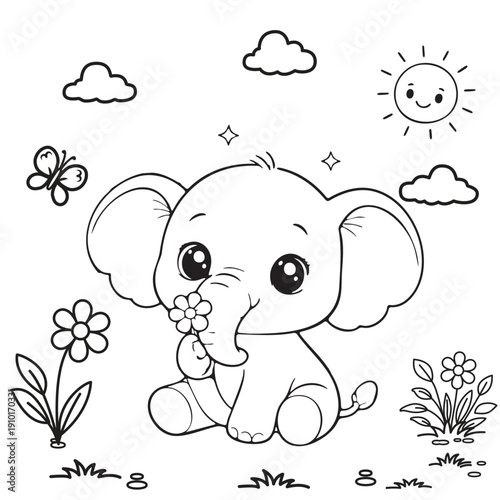 Hand drawn Elephant Animal outline illustration for Coloring book