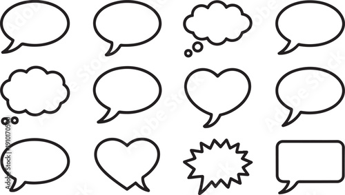 Collection of twelve black outline speech bubble shapes on white background talk bubble thought bubble