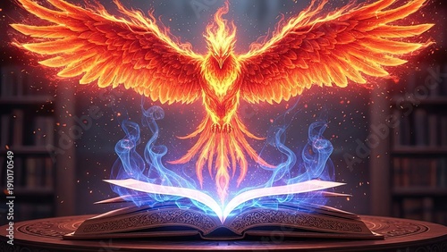 Fiery phoenix rising from magical book with vibrant wings, illuminating the dark atmosphere