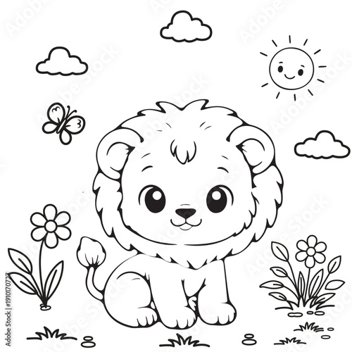 Hand drawn Lion outline illustration for Coloring book