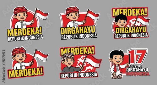 Collection of Indonesian Independence Day stickers with cartoon characters and flags on gray background