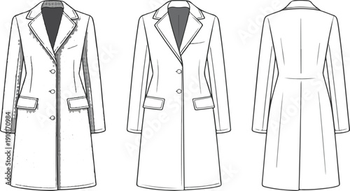 Women’s Long Coat CAD Drawing – Houndstooth Pattern Front and Back View