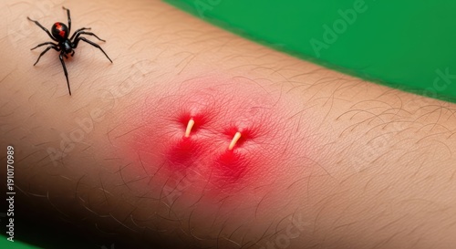 Dangerous spider lurking near a human arm with a painful and inflamed bite mark showcasing