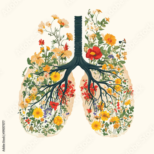 Lungs made from flowers and nature. Air pollution concept. Generative ai , vector style simple color