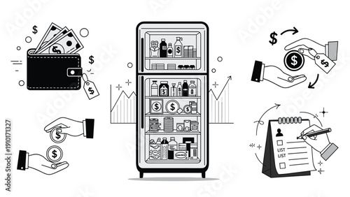 Financial and household management icon set featuring a full refrigerator wallet with money hand transactions and calendar checklist.