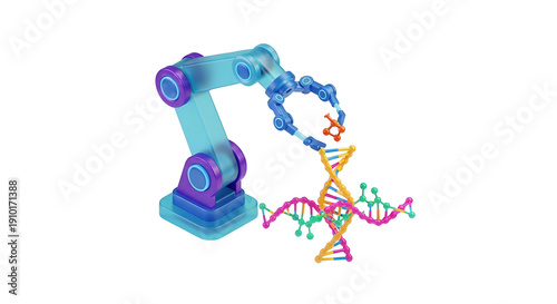 Robotic arm manipulating a DNA double helix, with stylized elements