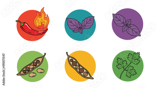 Set of circular icons representing various cooking spices and herbs including chili with flames basil leaves peppercorns and parsley.