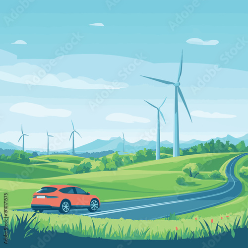 Electric car drive on the wind turbines background. Electric car driving along windmills farm. Alternative energy for cars. Car and wind turbines farm. , vector style simple color