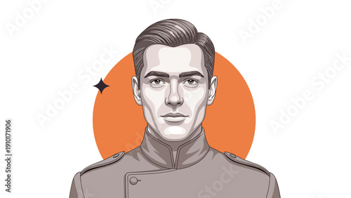 Stylish portrait of a handsome man with slicked hair wearing a military style jacket against a vibrant orange circle background.