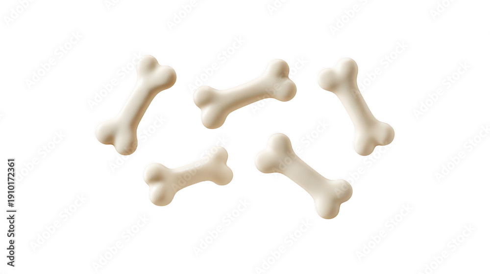 Obraz premium White dog biscuits scattered and floating in the air against a black backdrop, representing treats and rewards