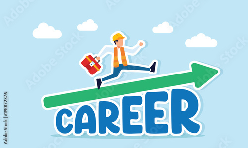 Engineer carrying toolbox running up rising arrow above career text illustration of career growth and professional advancement in engineering