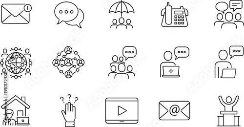 Communication, networking, and remote work icons set, digital collaboration concept, cad drawing flat vector illustration, black and white design