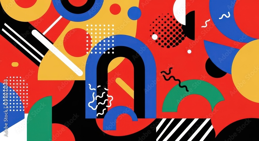 Fototapeta premium Brightly colored abstract composition featuring overlapping geometric shapes and graphic patterns