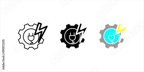 Line icon set. of a gear combined with lightning bolt and plug, symbolizing electrical power, energy technology, and industrial electricity systems.