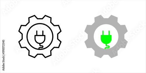 Minimal line icon set. of a gear with electric plug symbol, representing energy management, power technology, and electrical engineering systems.