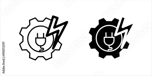 Line icon set. of a gear combined with lightning bolt and plug, symbolizing electrical power, energy technology, and industrial electricity systems.