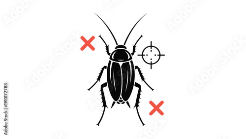 Black silhouette of a cockroach pest with red cross marks and a target symbol indicating pest control and extermination services.