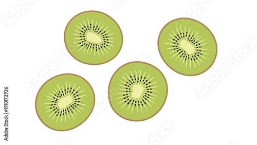 Sliced kiwi fruit pieces scattered on a white background showing the vibrant green flesh and small black seeds of the healthy fruit.