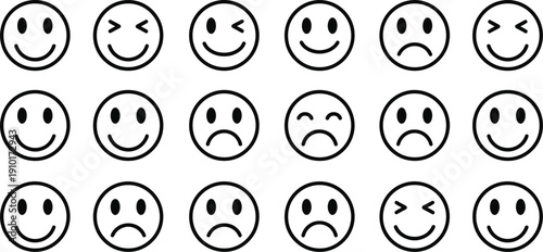 Emotions in Monochrome: A collection of various emoticons, each depicting a different state of mind and expression. Capture the nuances of human emotion with simplicity and clarity.