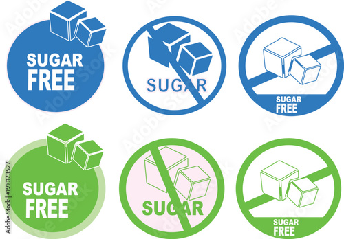 Sugar Free Label Set for Healthy Food Packaging, No Added Sugar Icon Collection for Diet and Wellness Products, Green and Blue Diabetic Friendly Badge Vector Graphic