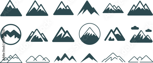 Minimal mountain logo icon set with peaks and alpine symbols, modern flat and outline style, perfect for branding, outdoor adventure, travel, and nature design projects
