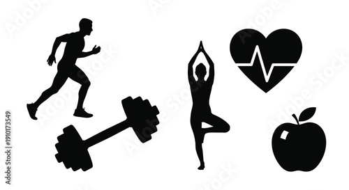Silhouette icons representing running yoga strength health and nutrition