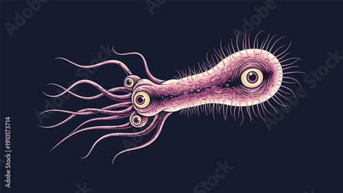 Highly detailed illustration of a multi eyed alien organism or microscopic creature with many tentacles on a dark background.