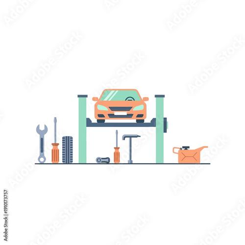 Car Lifted for Maintenance with Tools and Oil Can - Auto Repair Flat Illustration