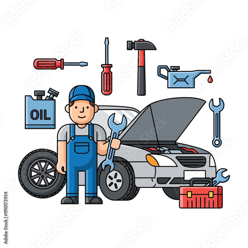 Mechanic with Tools and Car, Auto Repair Service Flat Illustration