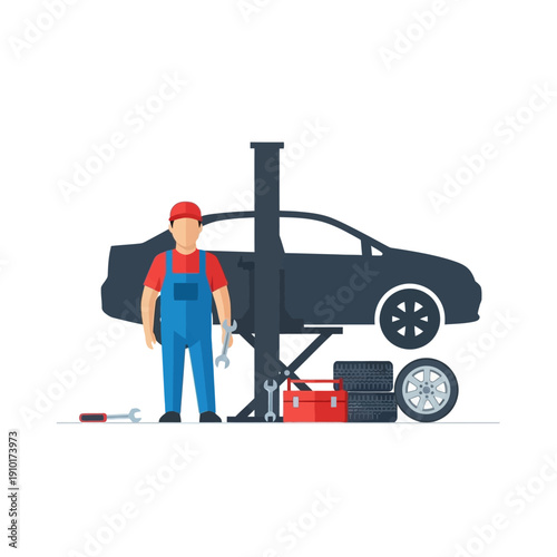 Mechanic Standing By Car Lift with Tools and Spare Tires, Automotive Service