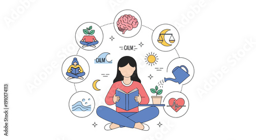 Woman meditating surrounded by icons representing mental and emotional wellbeing