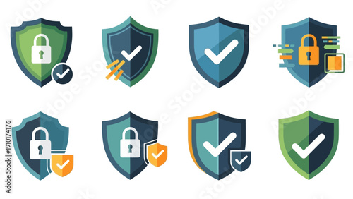 Security icons with shields and locks.
