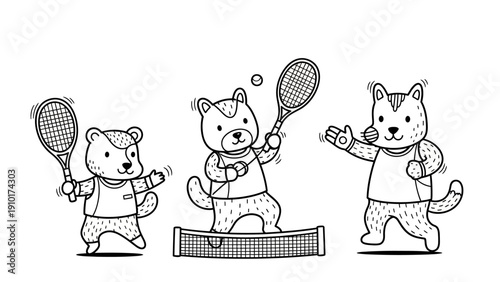 Cute cartoon animals playing tennis together.